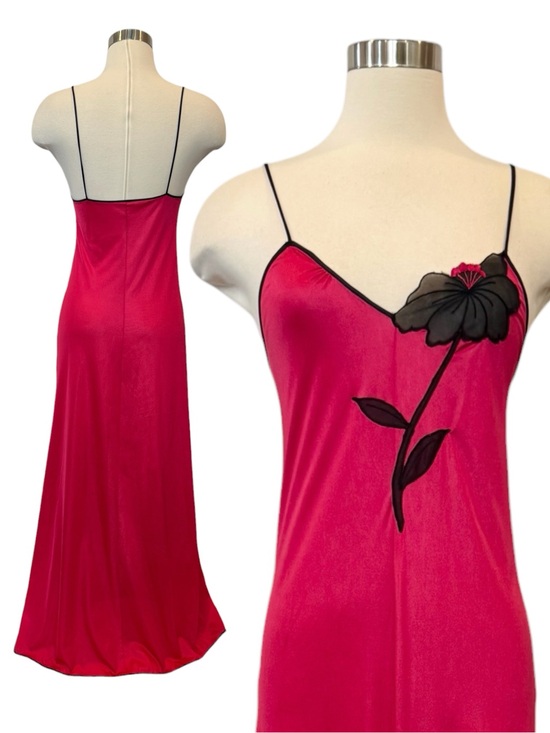 Vintage Dresses & Skirts - Vintage Silky Liquid Satin Nylon Red Art Deco Floral 70s Maxi Gown Slip Dress